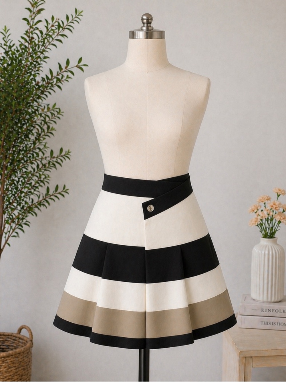 Karen Millen Colorblock A-Line Skirt Black White Beige Size S